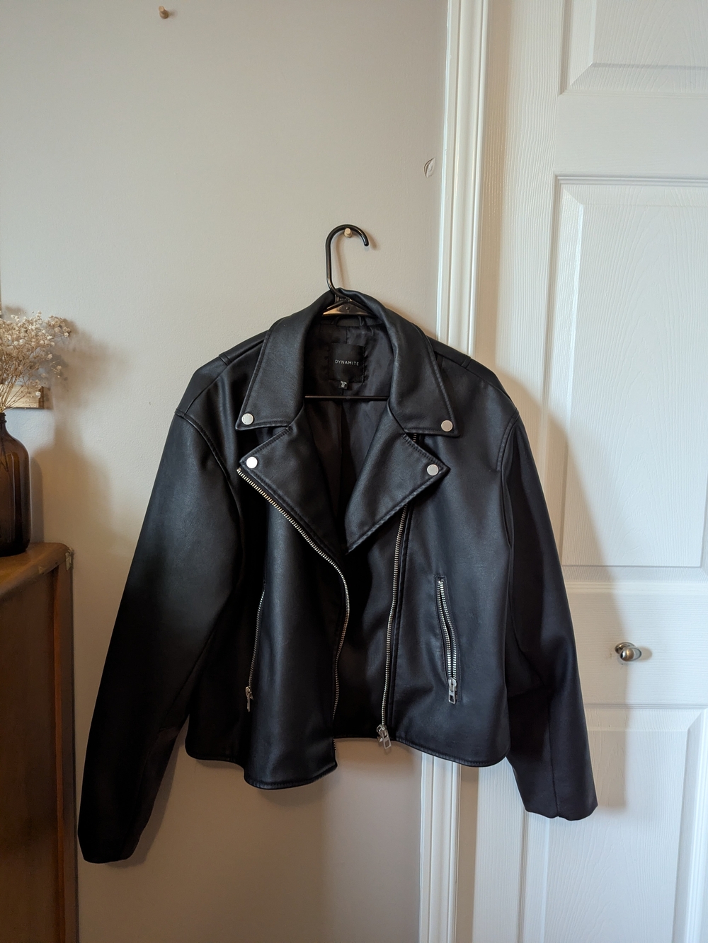 Dynamite Black Faux Leather Moto Jacket with Silver Hardware
